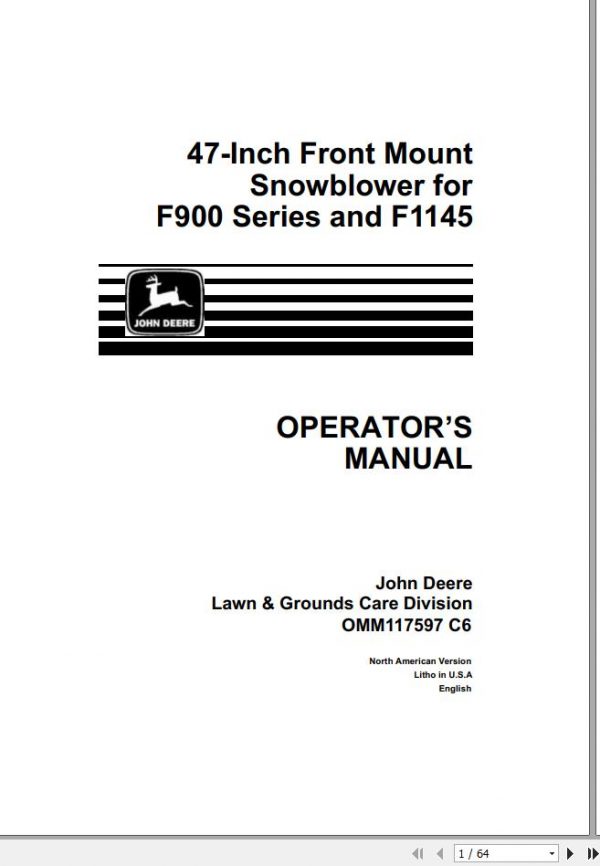 John Deere Snowblowers 47 Inch F900 F1145 Operators Manual OMM117597 C6 1