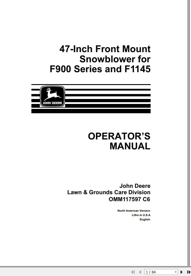 John Deere Snowblowers 47 Inch F900 F1145 Operators Manual OMM117597 C6 1