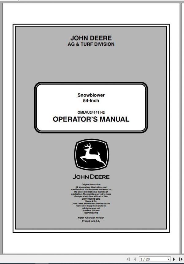 John Deere Snowblowers 54 Inch Operators Manual OMLVU24141 H2 2012 1
