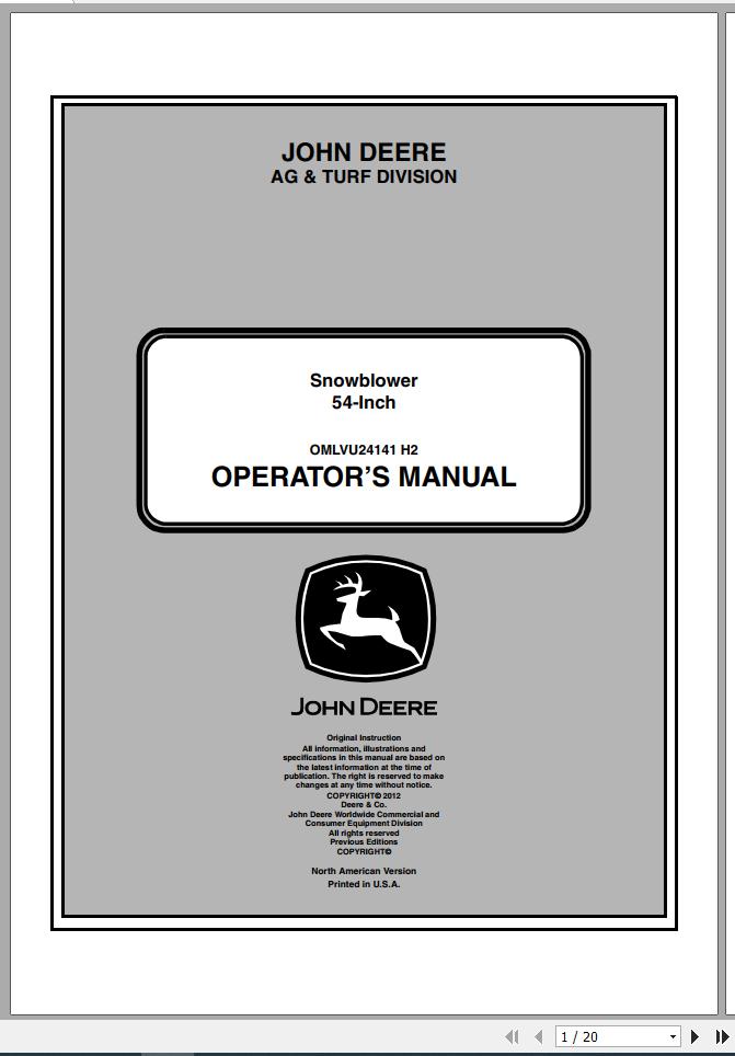 John Deere Snowblowers 54 Inch Operators Manual OMLVU24141 H2 2012 1