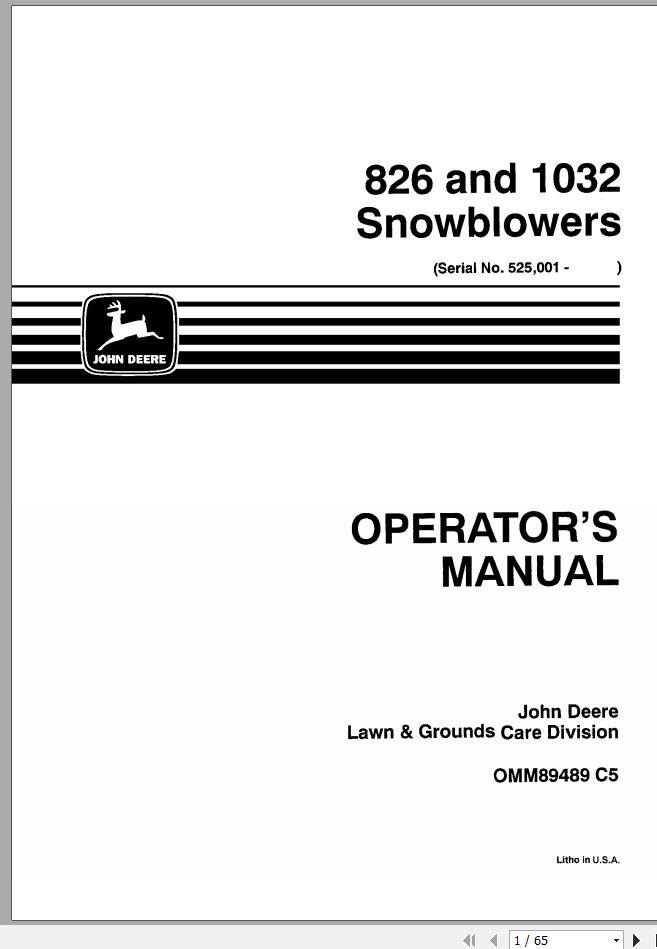 John Deere Snowblowers 826 1032 SN 525001 Operators Manual OMM89489 C5 1