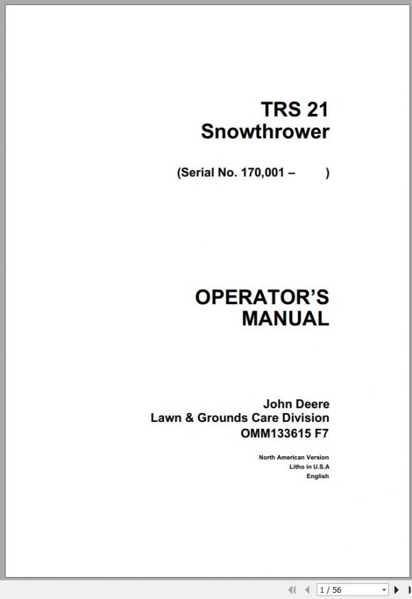 John Deere Snowthrower TRS21 Operators Manual OMM133615 F7 1
