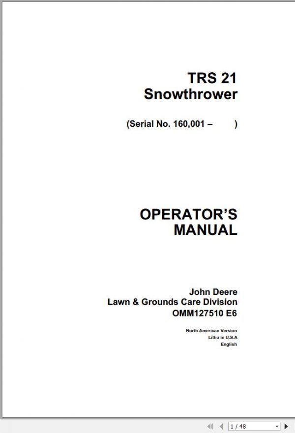 John Deere Snowthrower TRS21 SN 160001 Operators Manual OMM127510 E6 1