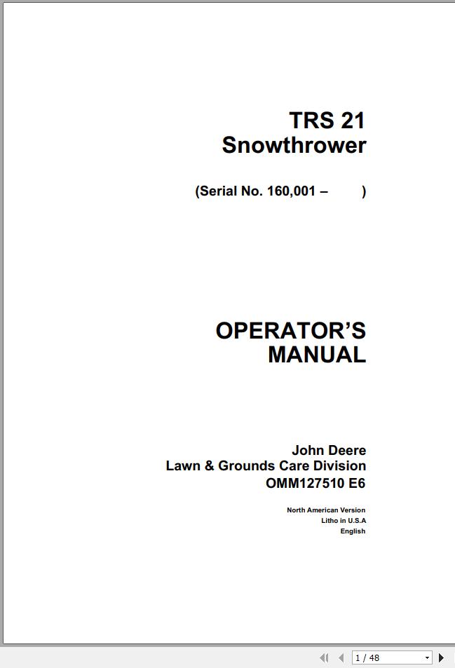 John Deere Snowthrower TRS21 SN 160001 Operators Manual OMM127510 E6 1