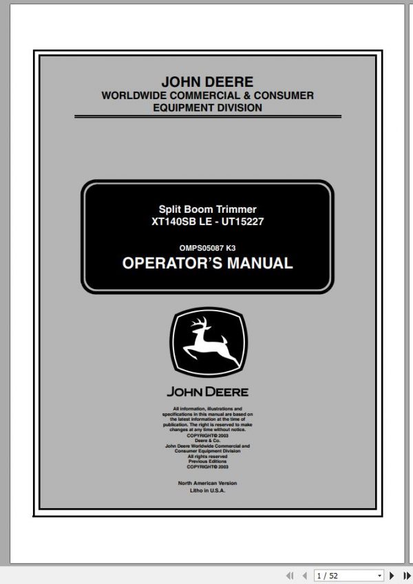 John Deere Split Boom Trimmer XT140SB LE UT15227 Operators Manual OMPS05087 K3 2003 1