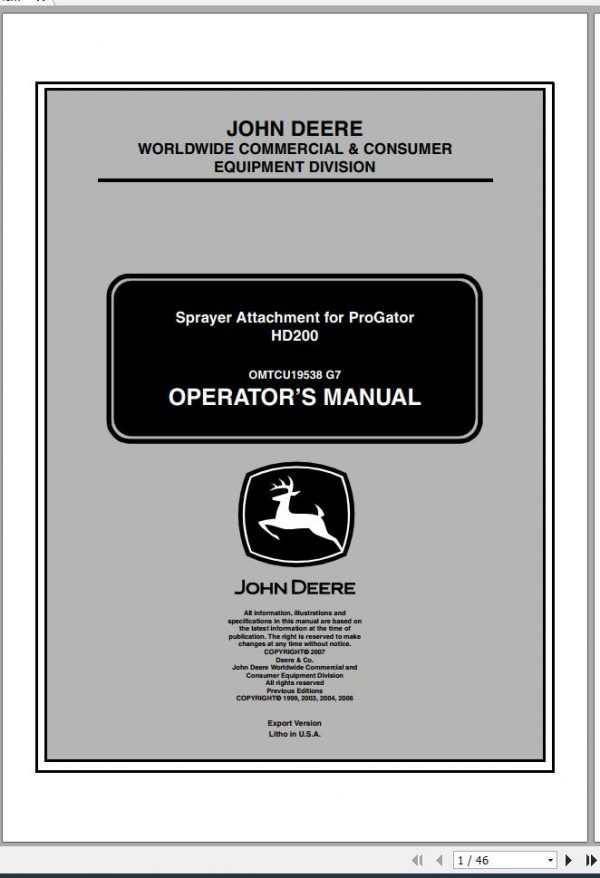 John Deere Sprayer Acttachment For Progator HD200 Operators Manual OMTCU19538 G7 2007 1