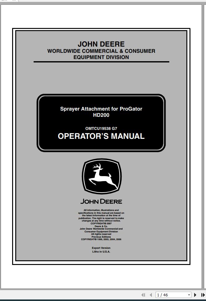 John Deere Sprayer Acttachment For Progator HD200 Operators Manual OMTCU19538 G7 2007 1