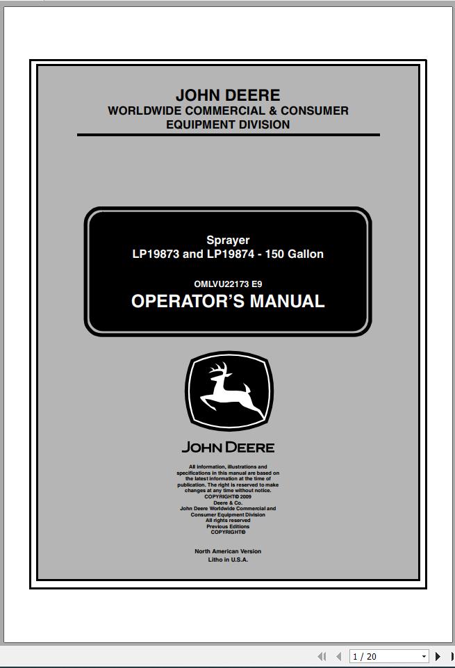 John Deere Sprayer LP19873 LP19874 150 Gallon Operators Manual OMLVU22173 E9 2009 1