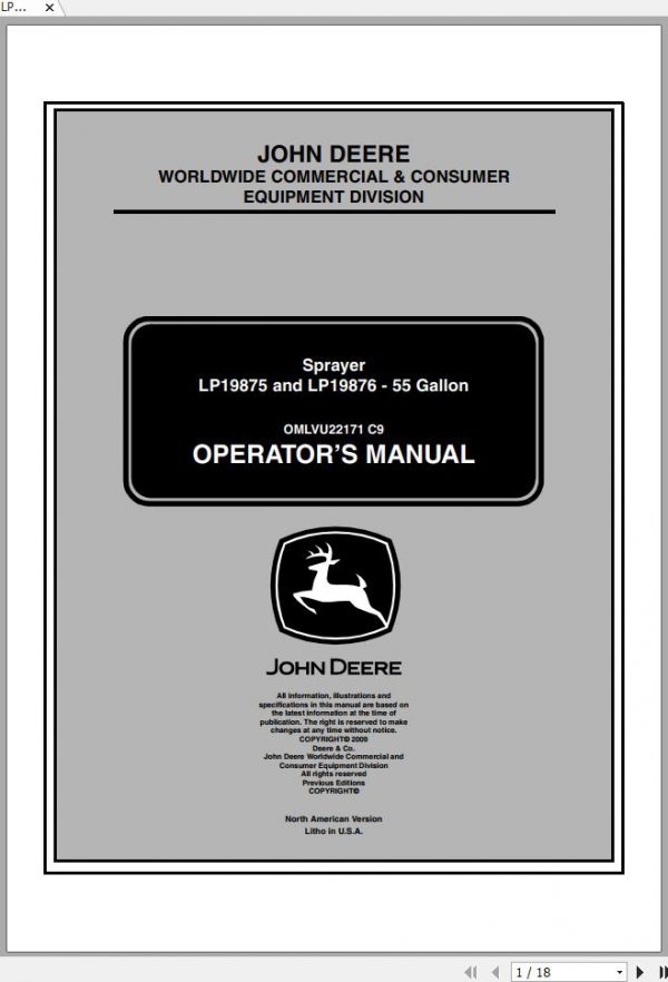 John Deere Sprayer LP19875 LP19876 55 Gallon Operators Manual OMLVU22171 C9 2009 1