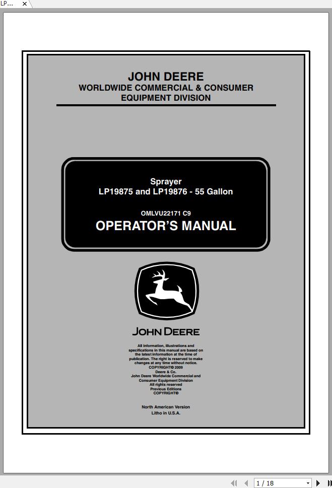 John Deere Sprayer LP19875 LP19876 55 Gallon Operators Manual OMLVU22171 C9 2009 1