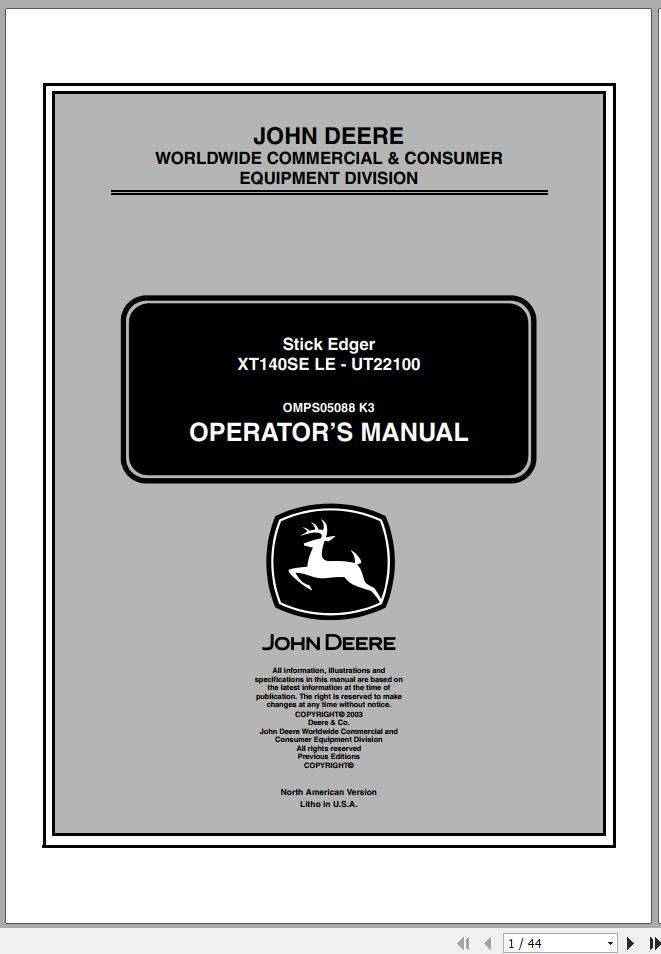 John Deere Stick Edger XT140SE LE UT22100 Operators Manual OMPS05088 K3 2003 1