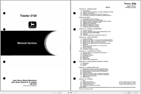 John Deere Tractor 2130 Technical Manual TM4273 FR 1