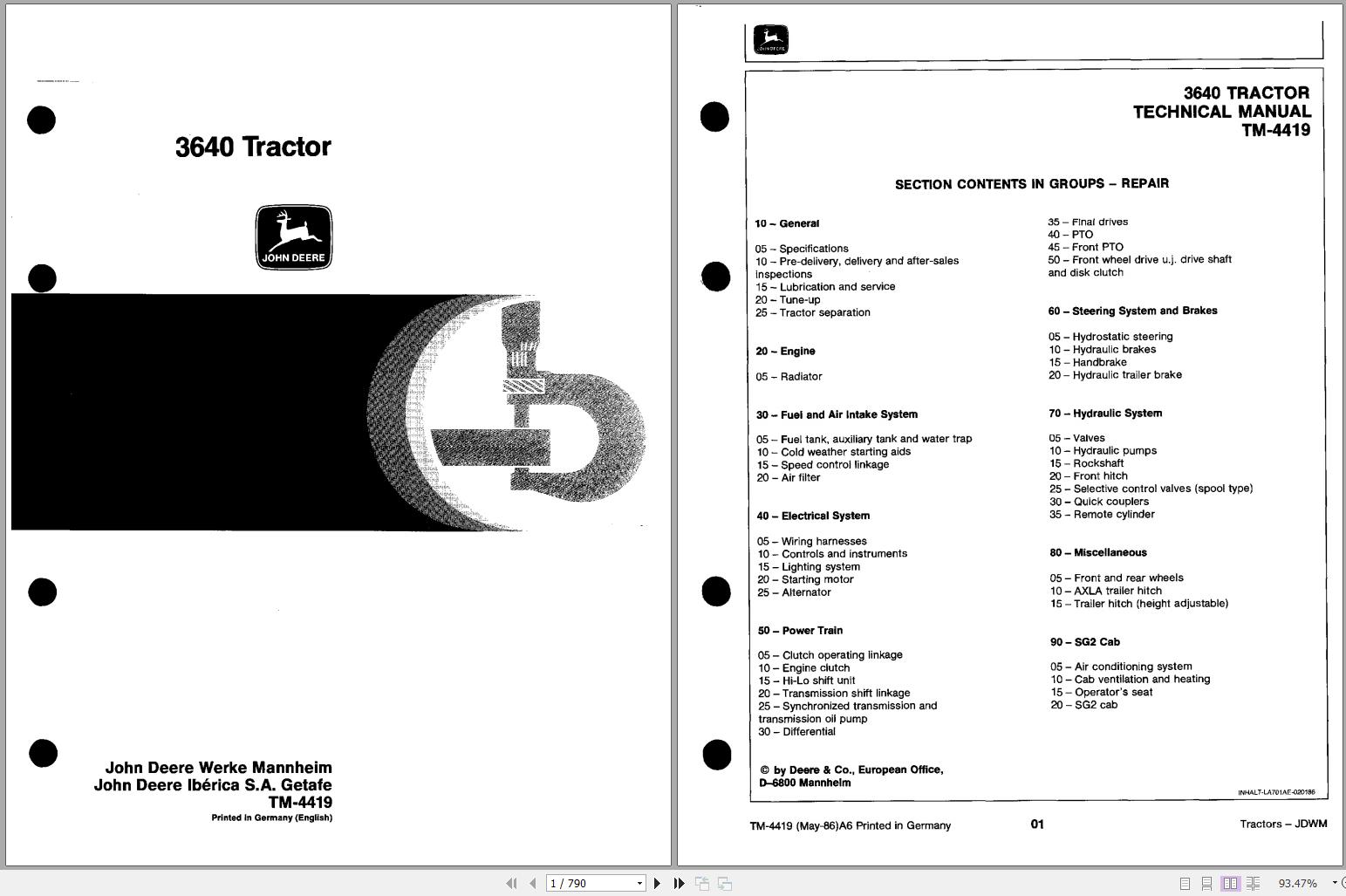 John Deere Tractor 3640 Technical Manual TM4419 1