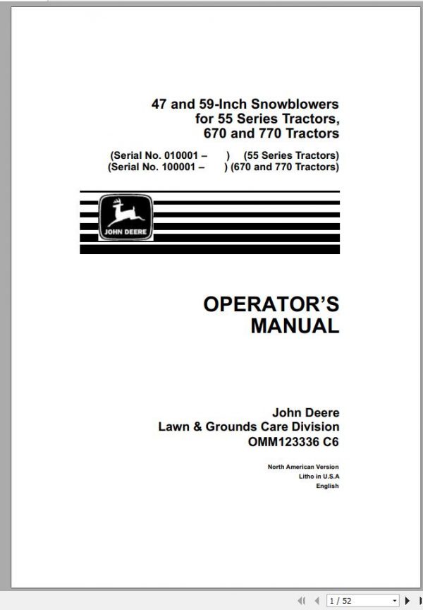 John Deere Tractor 47 59 Inch for 55 Series 670 770 Operators Manual OMM123336 C6 1