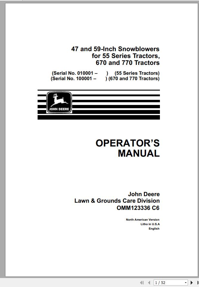 John Deere Tractor 47 59 Inch for 55 Series 670 770 Operators Manual OMM123336 C6 1