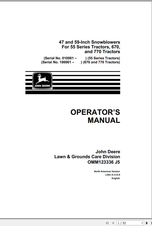 John Deere Tractor 47 59 Inch for 55 Series 670 770 Operators Manual OMM123336 J5 1