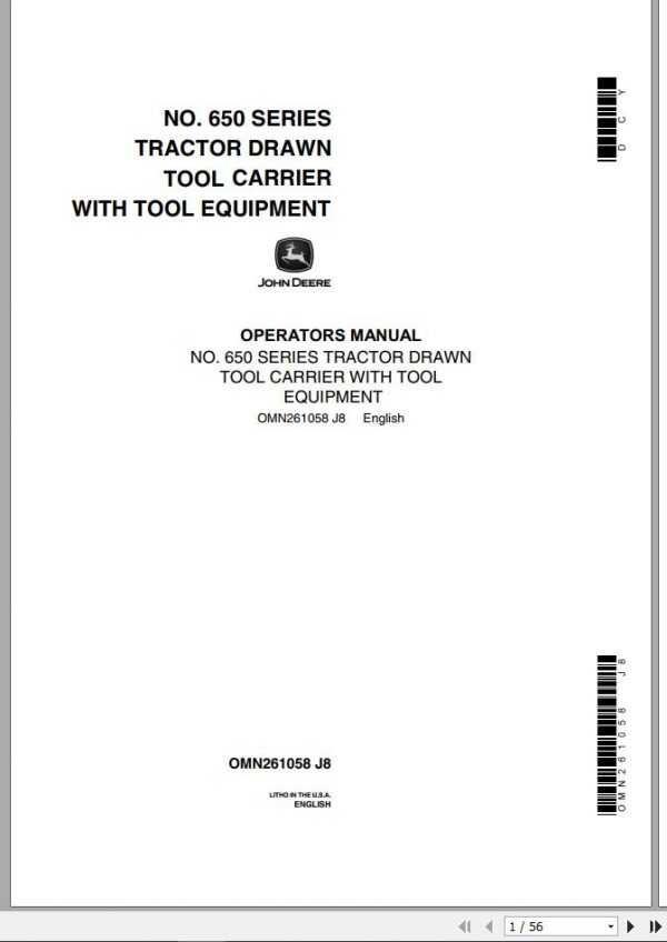 John Deere Tractor 650 Series Tool Carrier Operators Manual OMN261058 J8 1