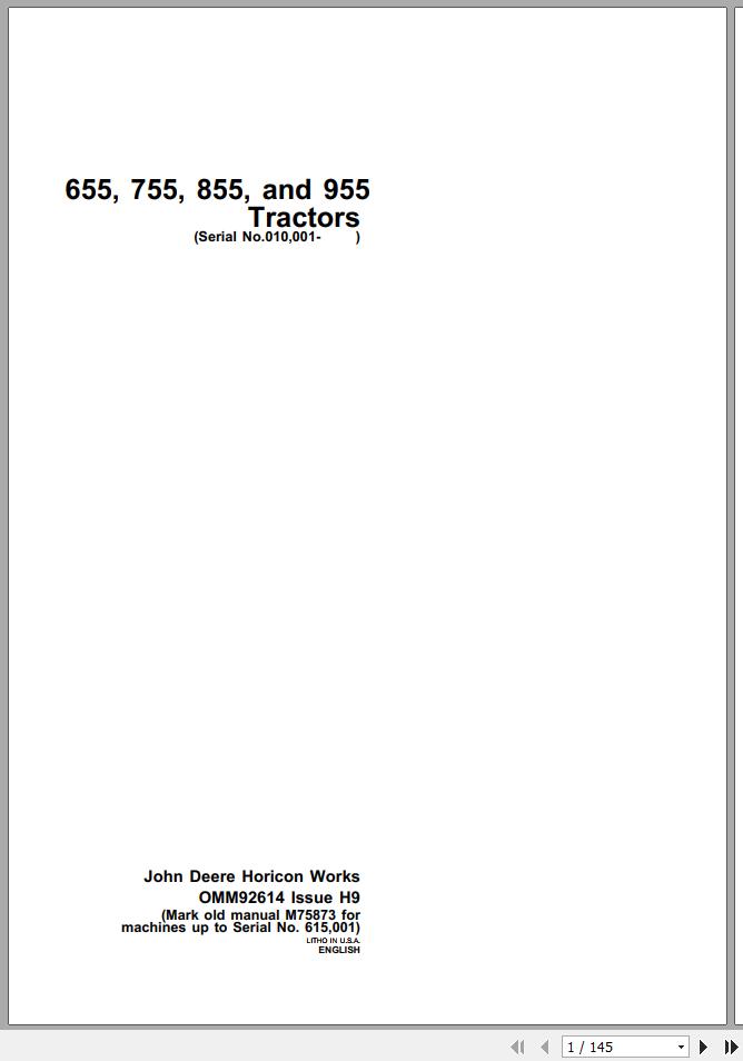 John Deere Tractor 655 755 855 955 SN 0100001 Operators Manual OMM92614 H9 1