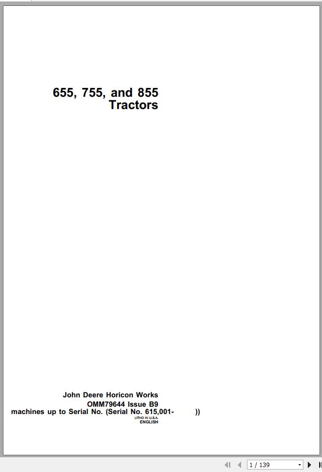 John Deere Tractor 655 755 855 SN 615001 Operators Manual OMM79644 B9 1