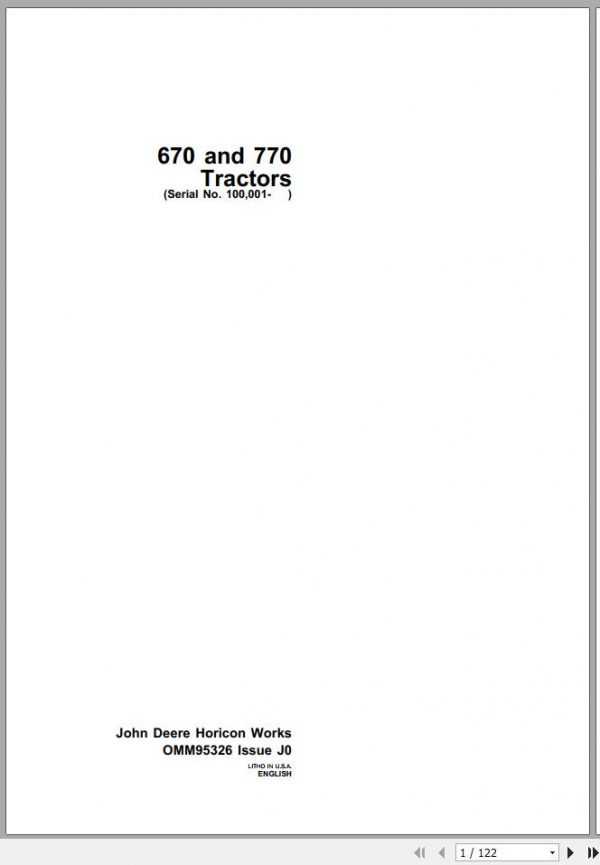 John Deere Tractor 670 770 SN 100001 Operators Manual OMM95326 J0 1