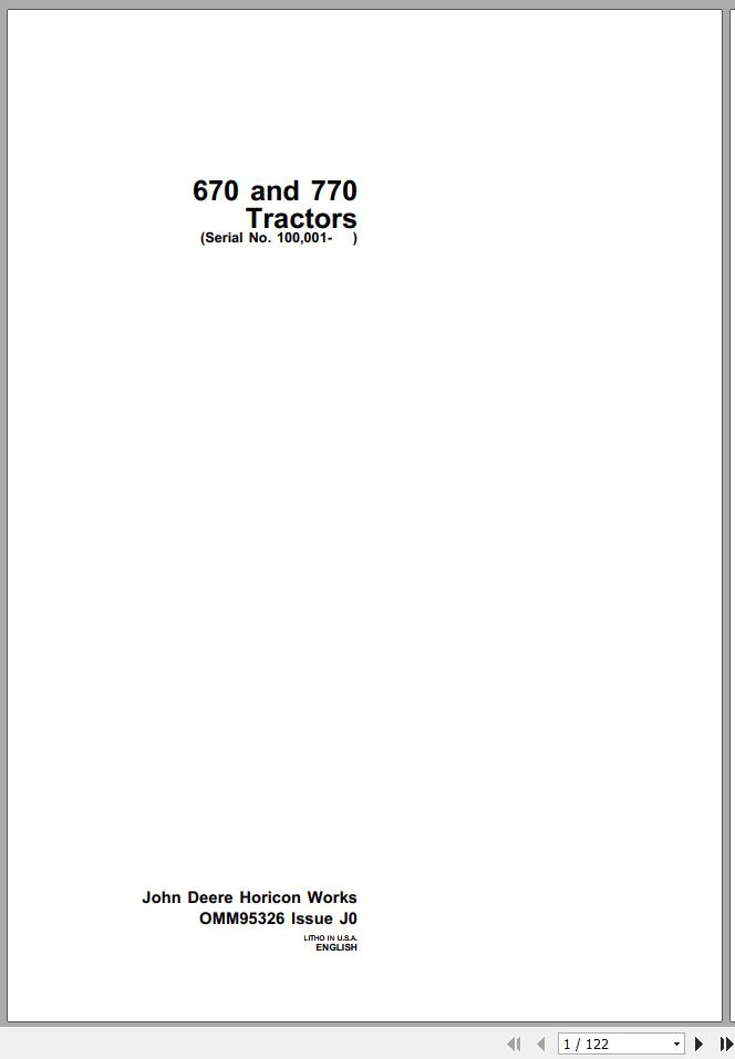 John Deere Tractor 670 770 SN 100001 Operators Manual OMM95326 J0 1