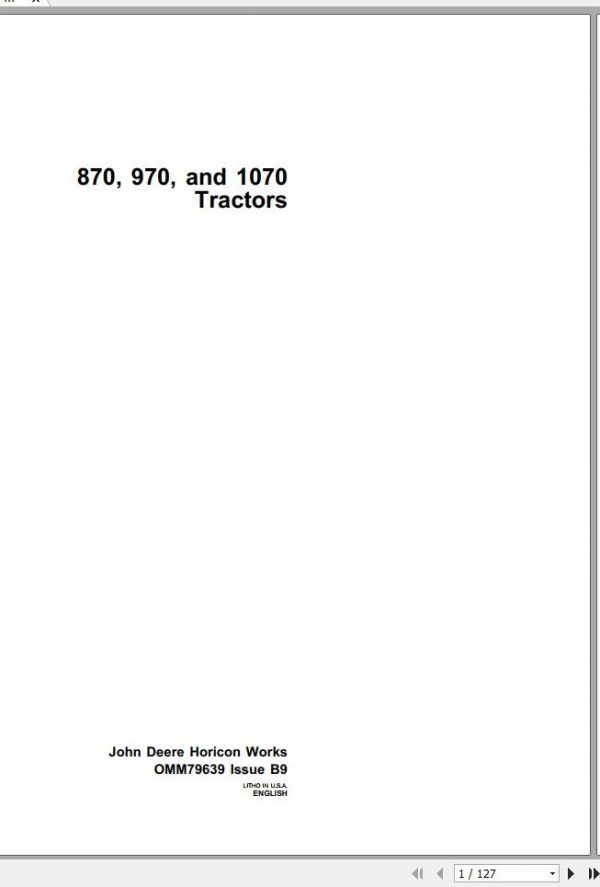 John Deere Tractor 870 970 1070 Operators Manual OMM79639 B9 1