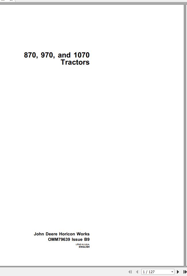 John Deere Tractor 870 970 1070 Operators Manual OMM79639 B9 1