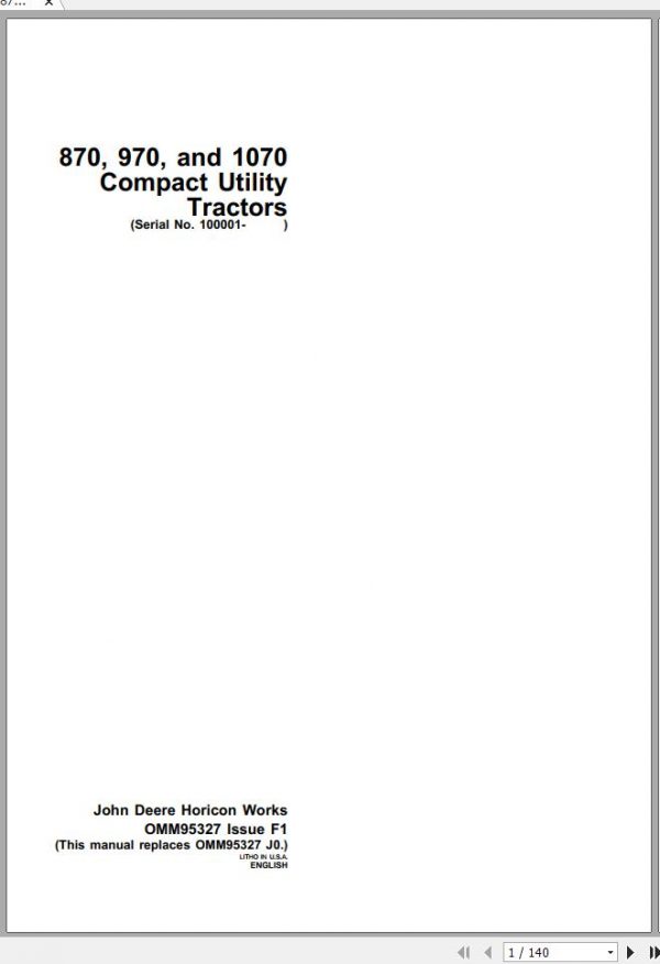 John Deere Tractor 870 970 1070 SN 100001 Operators Manual OMM95327 F1 1