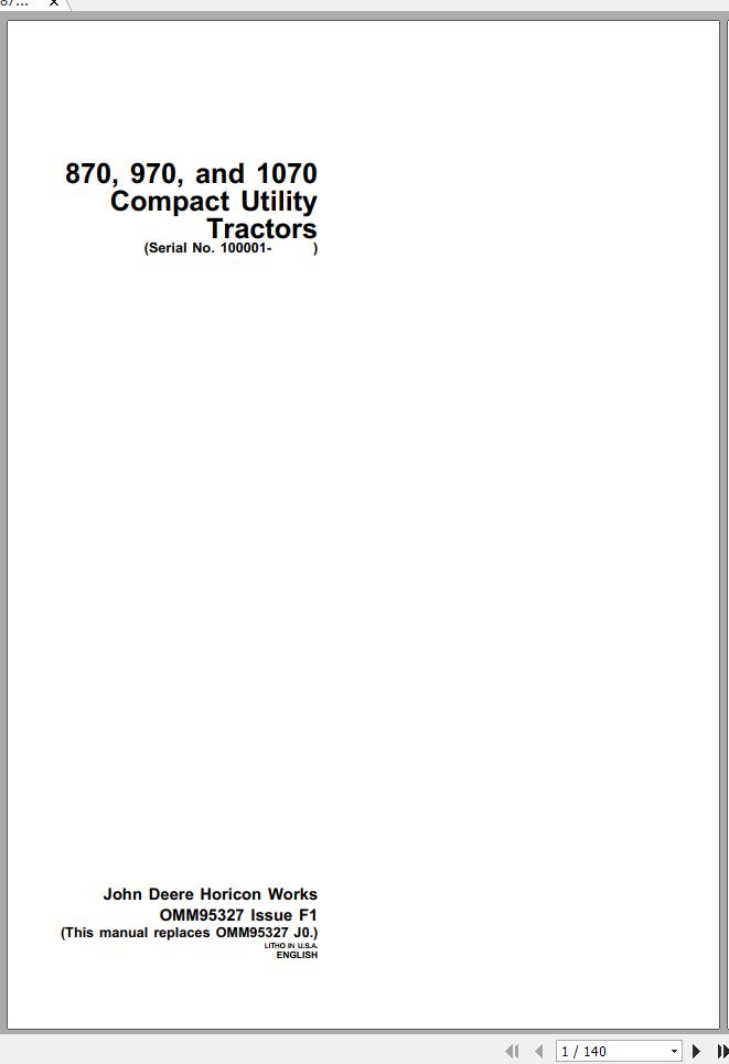 John Deere Tractor 870 970 1070 SN 100001 Operators Manual OMM95327 F1 1