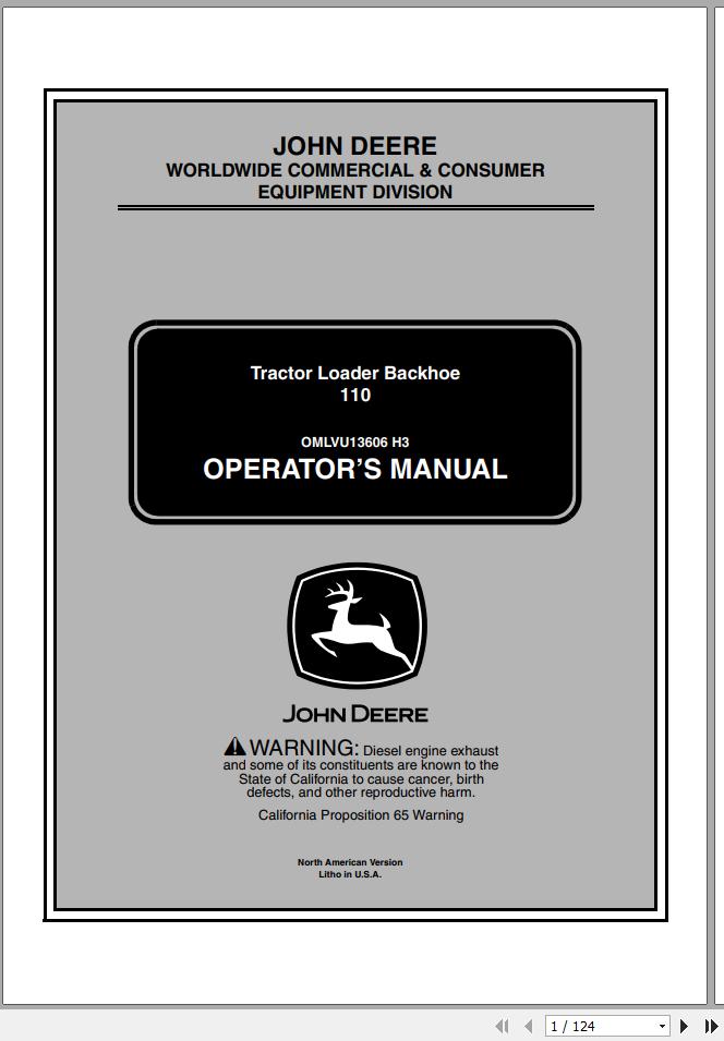 John Deere Tractor Loader Backhoe 110 SN 110001 Operators Manual 1