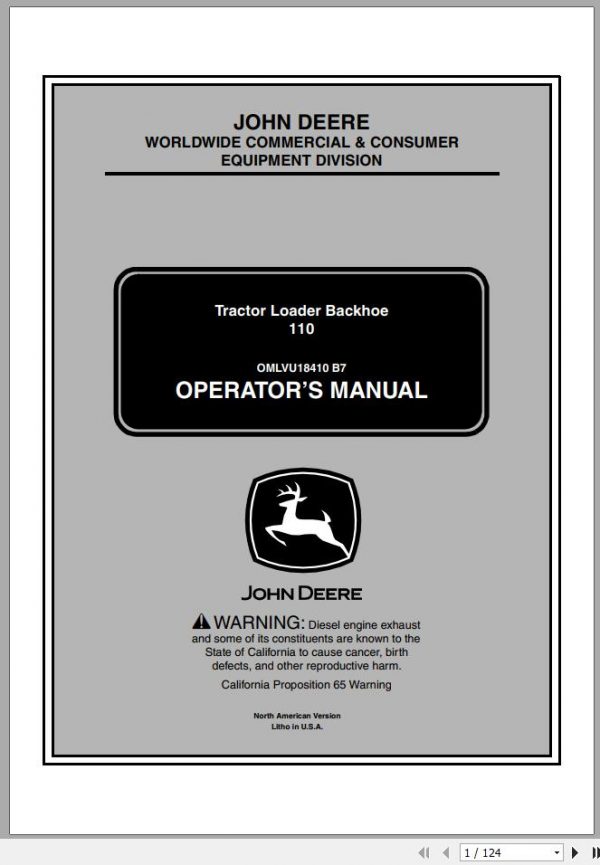 John Deere Tractor Loader Backhoe 110 SN 311000 Operators Manual OMLVU18410 B7 2007 1