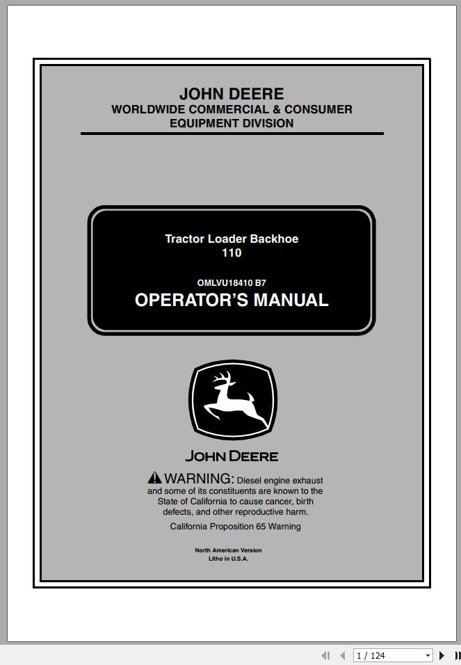 John Deere Tractor Loader Backhoe 110 SN 311000 Operators Manual OMLVU18410 B7 2007 1