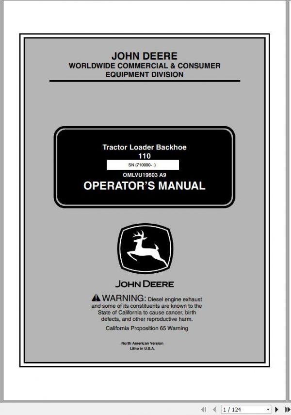 John Deere Tractor Loader Backhoe 110 SN 710000 Operators Manual OMLVU19603 A9 2009 1