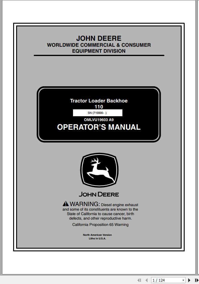 John Deere Tractor Loader Backhoe 110 SN 710000 Operators Manual OMLVU19603 A9 2009 1