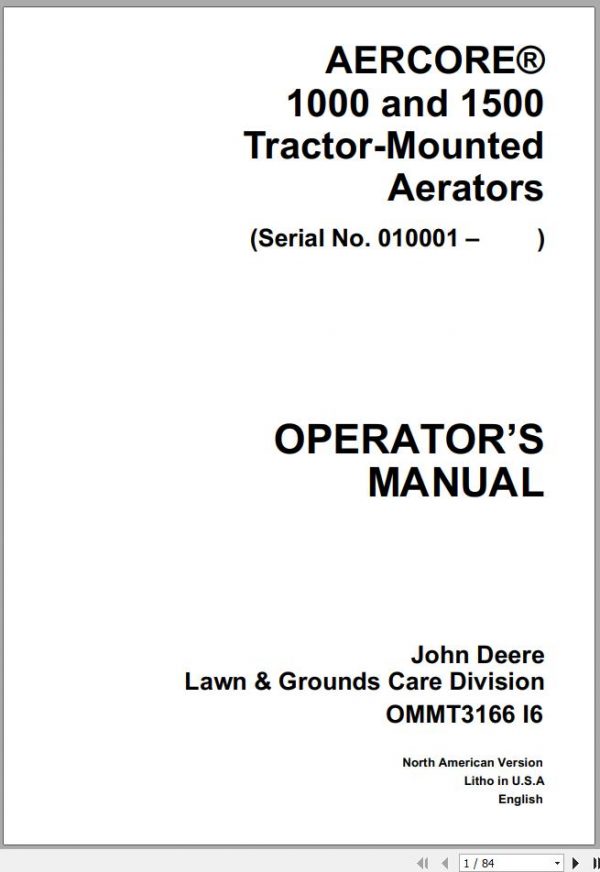 John Deere Tractor Mounted Aerators 1000 1500 SN 010001 Operators Manual OMT3166 I 1
