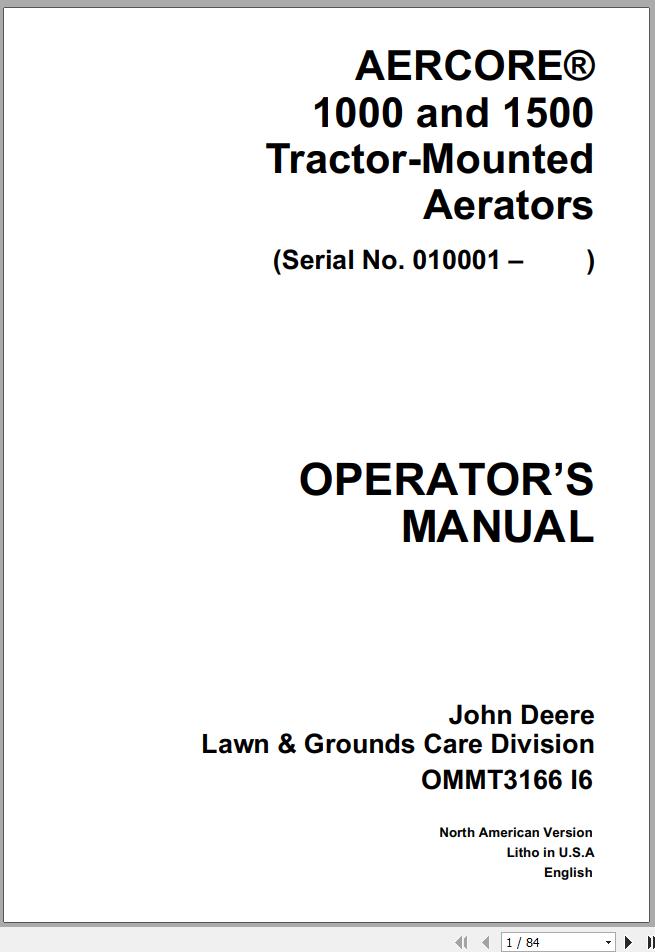 John Deere Tractor Mounted Aerators 1000 1500 SN 010001 Operators Manual OMT3166 I 1