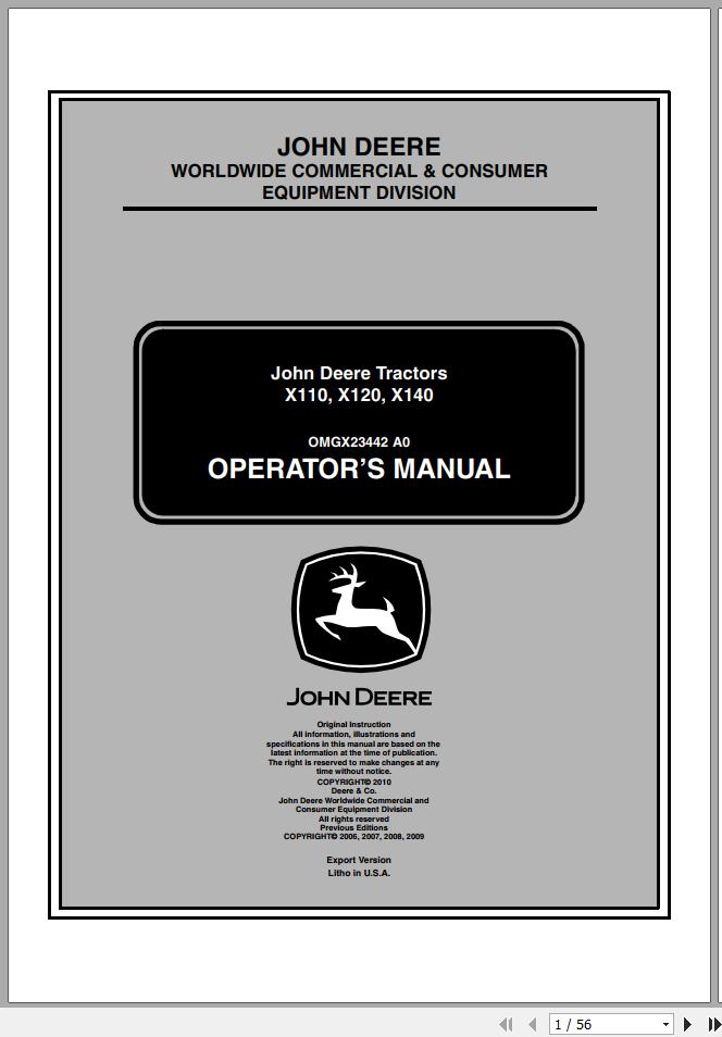 John Deere Tractor X110 X120 X140 SN 300001 Operators Manual OMGX23442 A0 2010 1