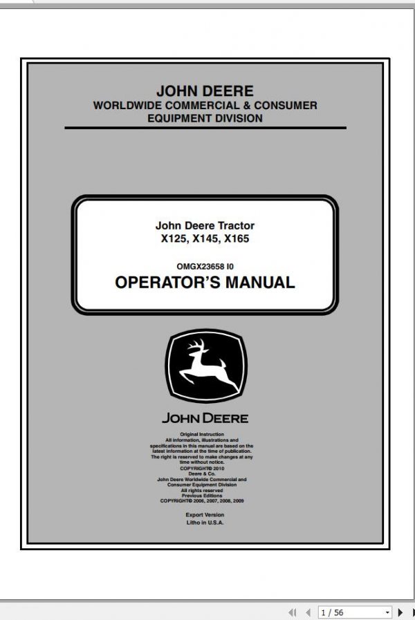 John Deere Tractor X125 X145 X165 SN 010001 Operators Manual OMGX23658 I0 2010 1