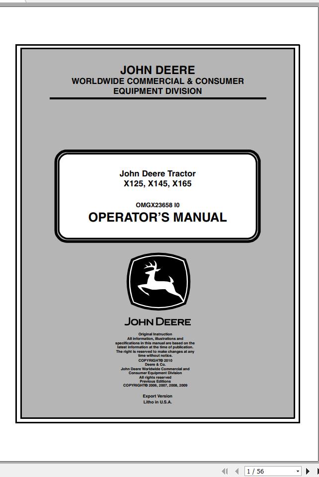 John Deere Tractor X125 X145 X165 SN 010001 Operators Manual OMGX23658 I0 2010 1