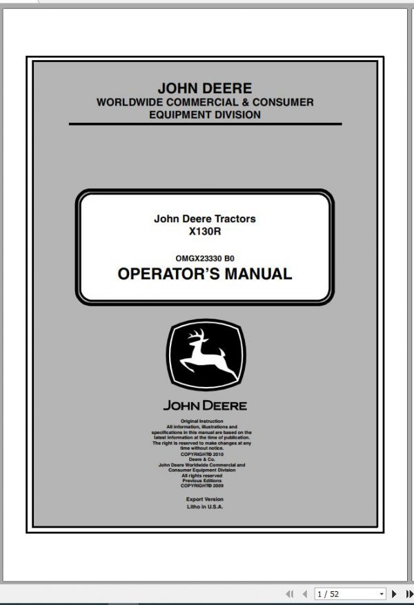 John Deere Tractor X130R Operators Manual OMGX23330 B0 2010 1