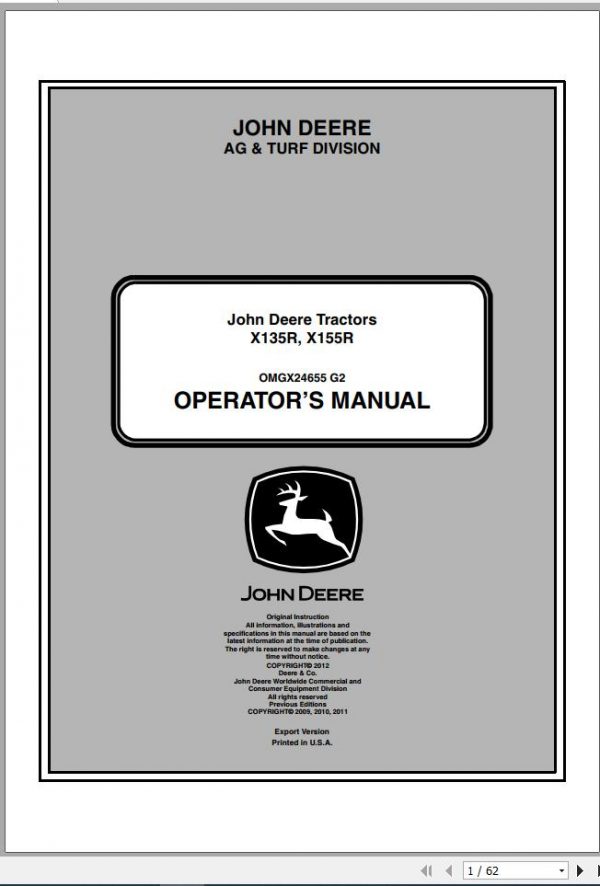 John Deere Tractor X135R 155R Operators Manual OMGX24655 G2 2012 1