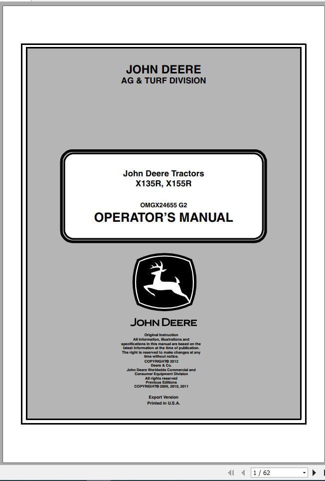 John Deere Tractor X135R 155R Operators Manual OMGX24655 G2 2012 1