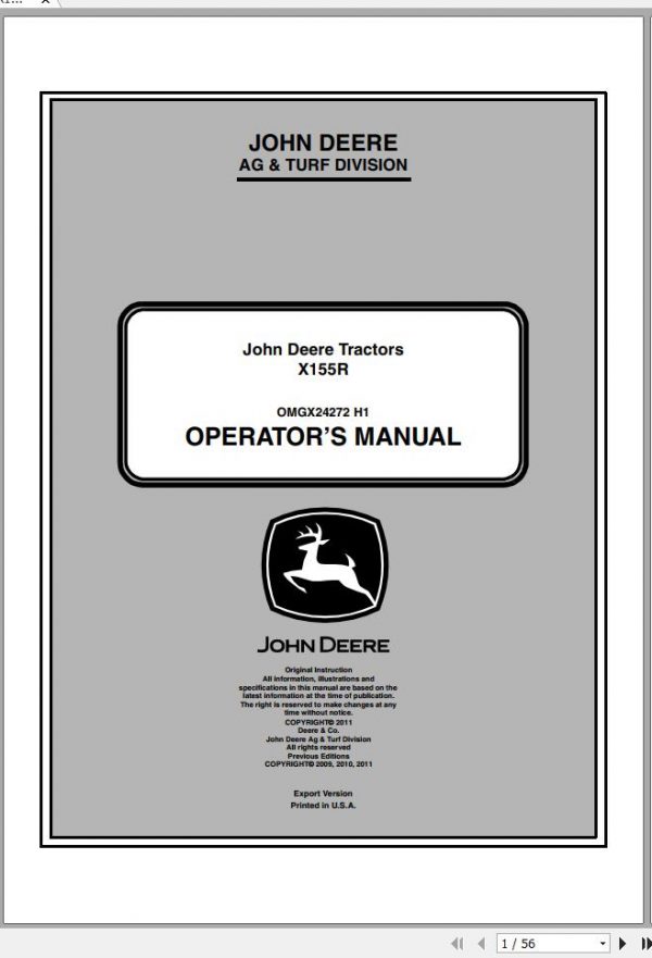 John Deere Tractor X155R Operators Manual OMGX24272 H1 2011 1