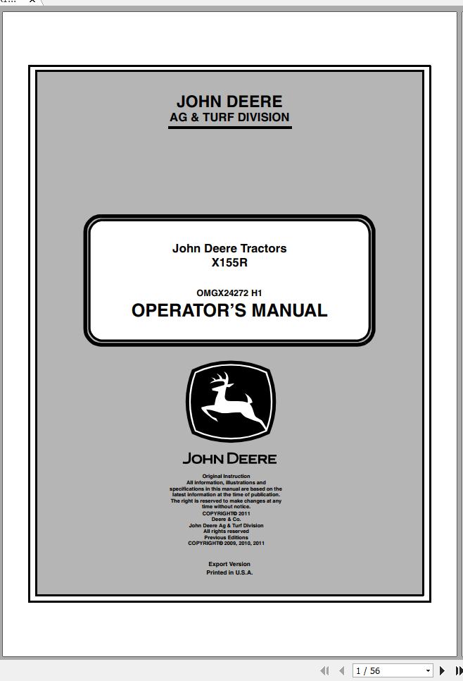 John Deere Tractor X155R Operators Manual OMGX24272 H1 2011 1