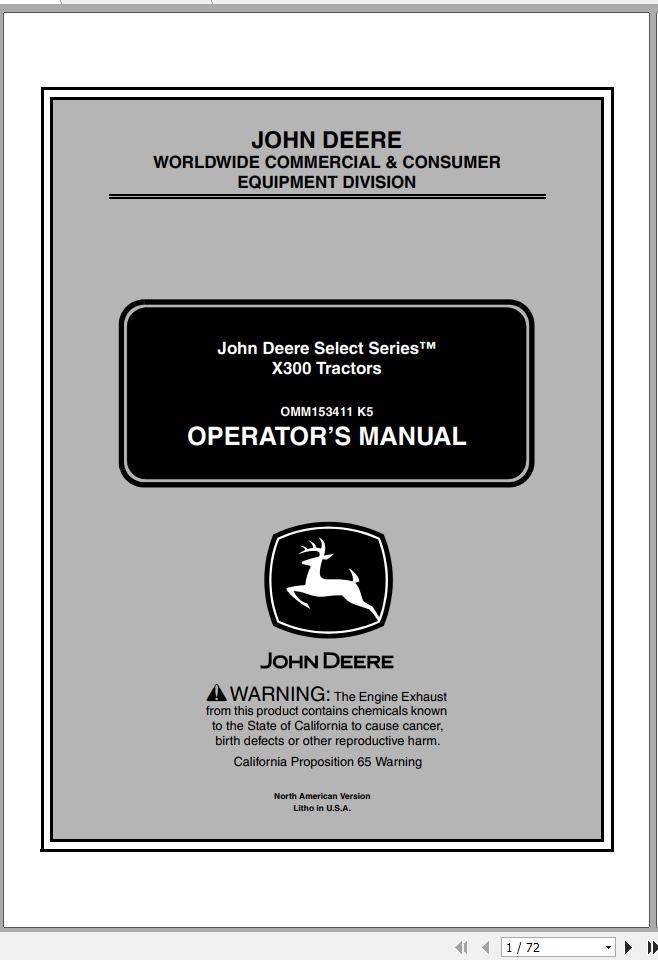 John Deere Tractor X300 SN 010001 Operators Manual 1