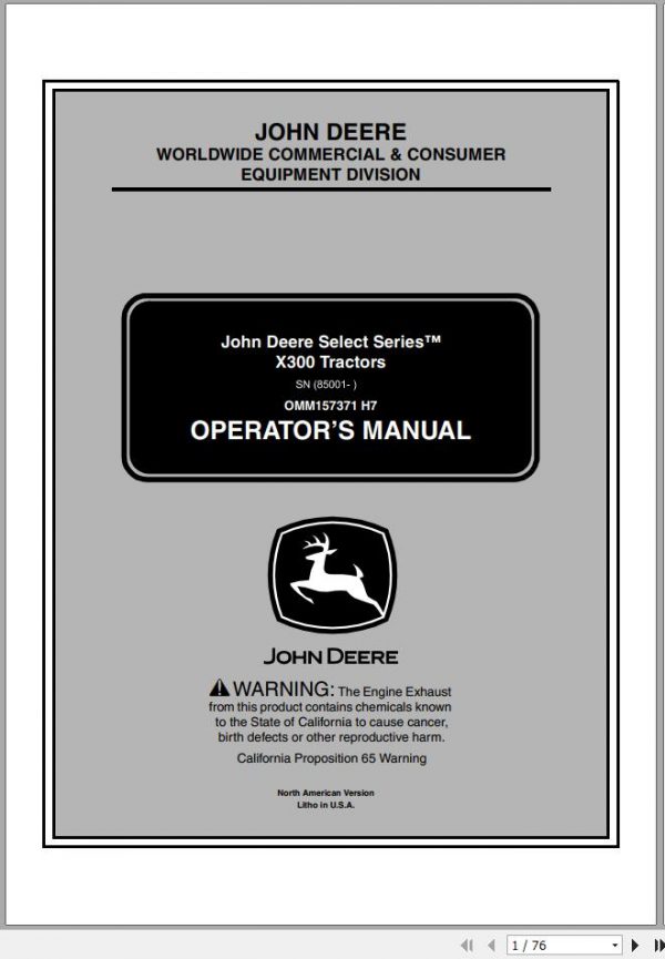 John Deere Tractor X300 SN 085001 Operators Manual 1