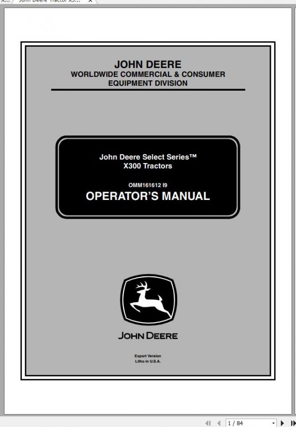 John Deere Tractor X300 SN 150001 Operators Manual 1