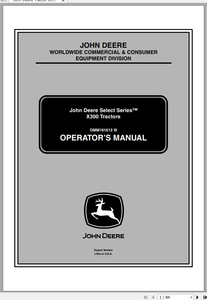 John Deere Tractor X300 SN 150001 Operators Manual 1