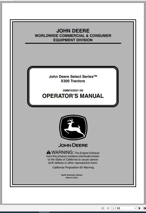 John Deere Tractor X300 SN 180001 Operators Manual OMM163031 H0 2010 1