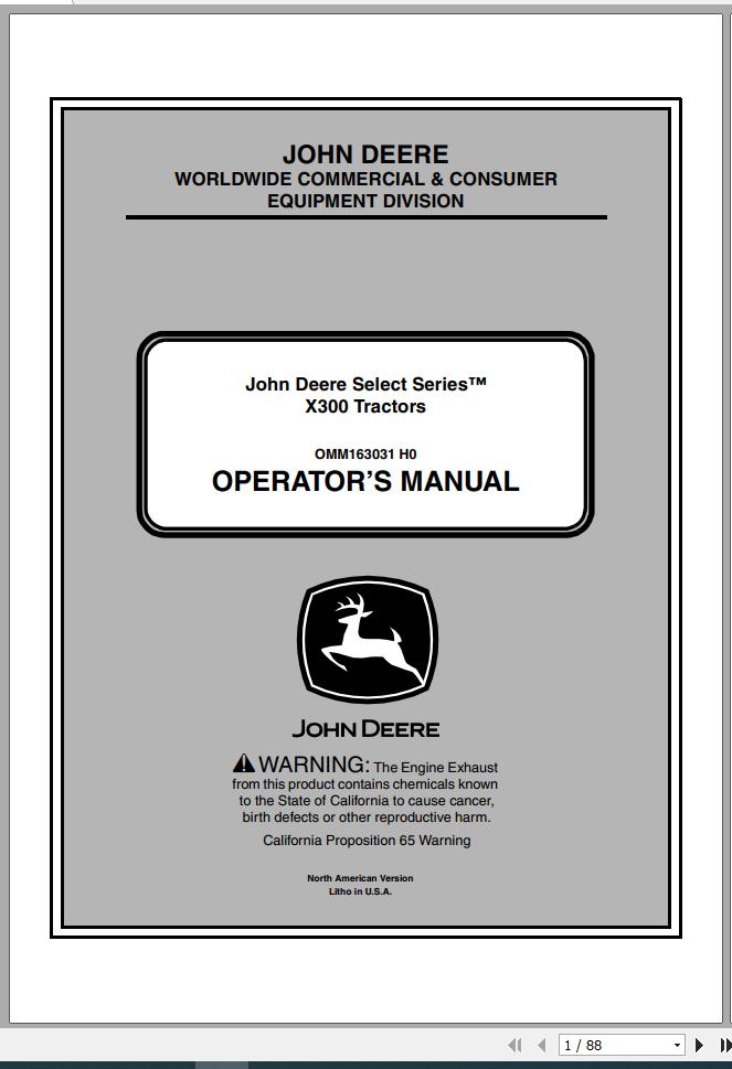 John Deere Tractor X300 SN 180001 Operators Manual OMM163031 H0 2010 1